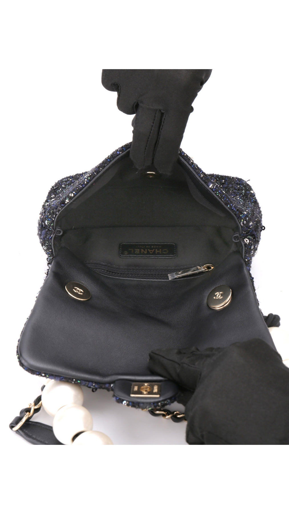 Chanel Tweed Pearl Single Flap Bag Mini - Svart