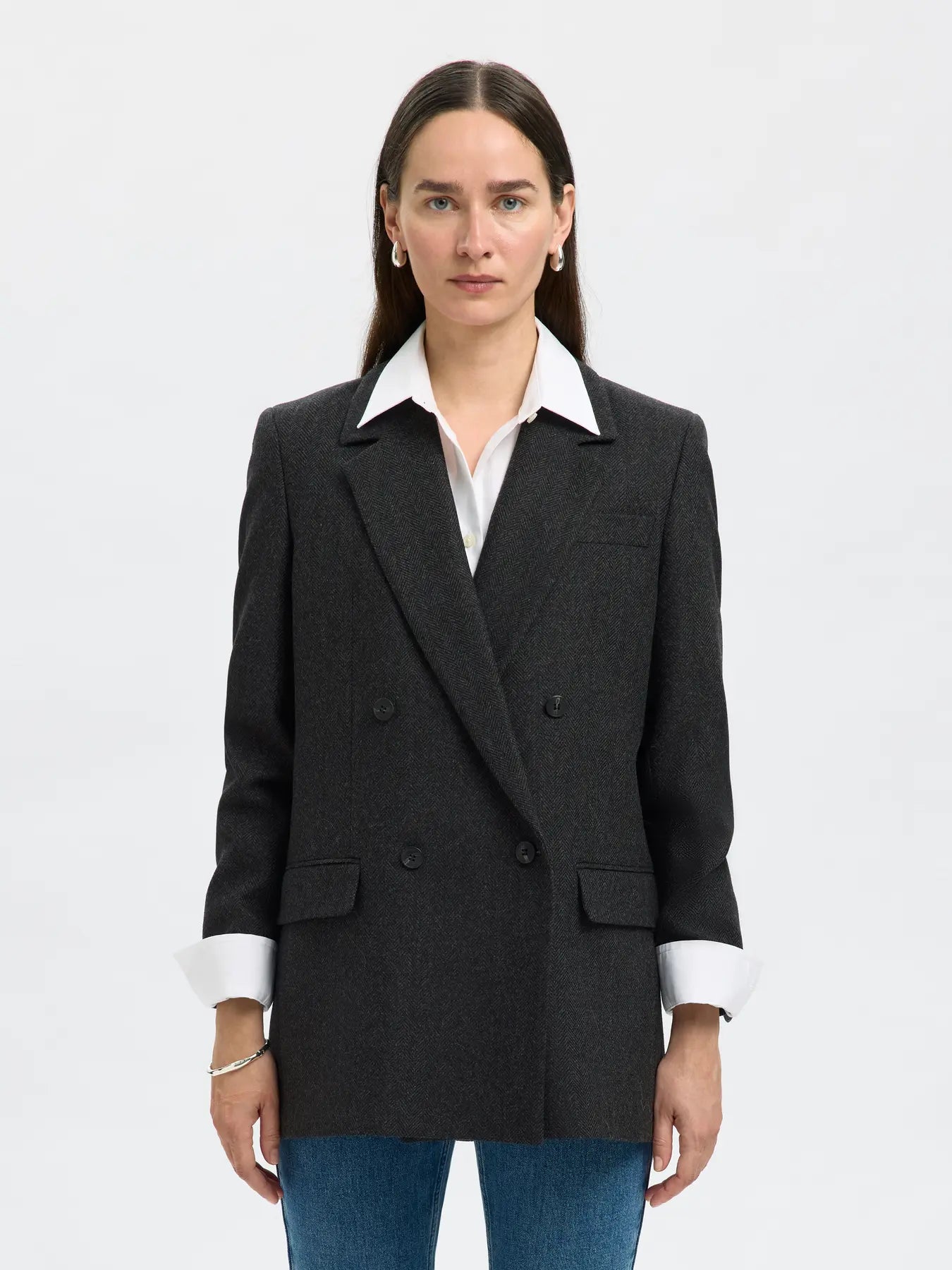 Elin Wool Blend Blazer - Black Herringbone