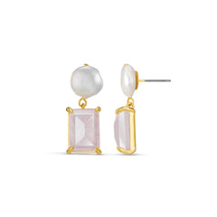 Pearl & Rose Quartz Drop Earring - Pale Gold
