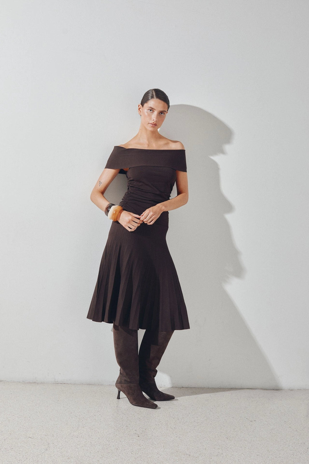 Althena Off Shoulder Knitted Midi Dress - Chocolate