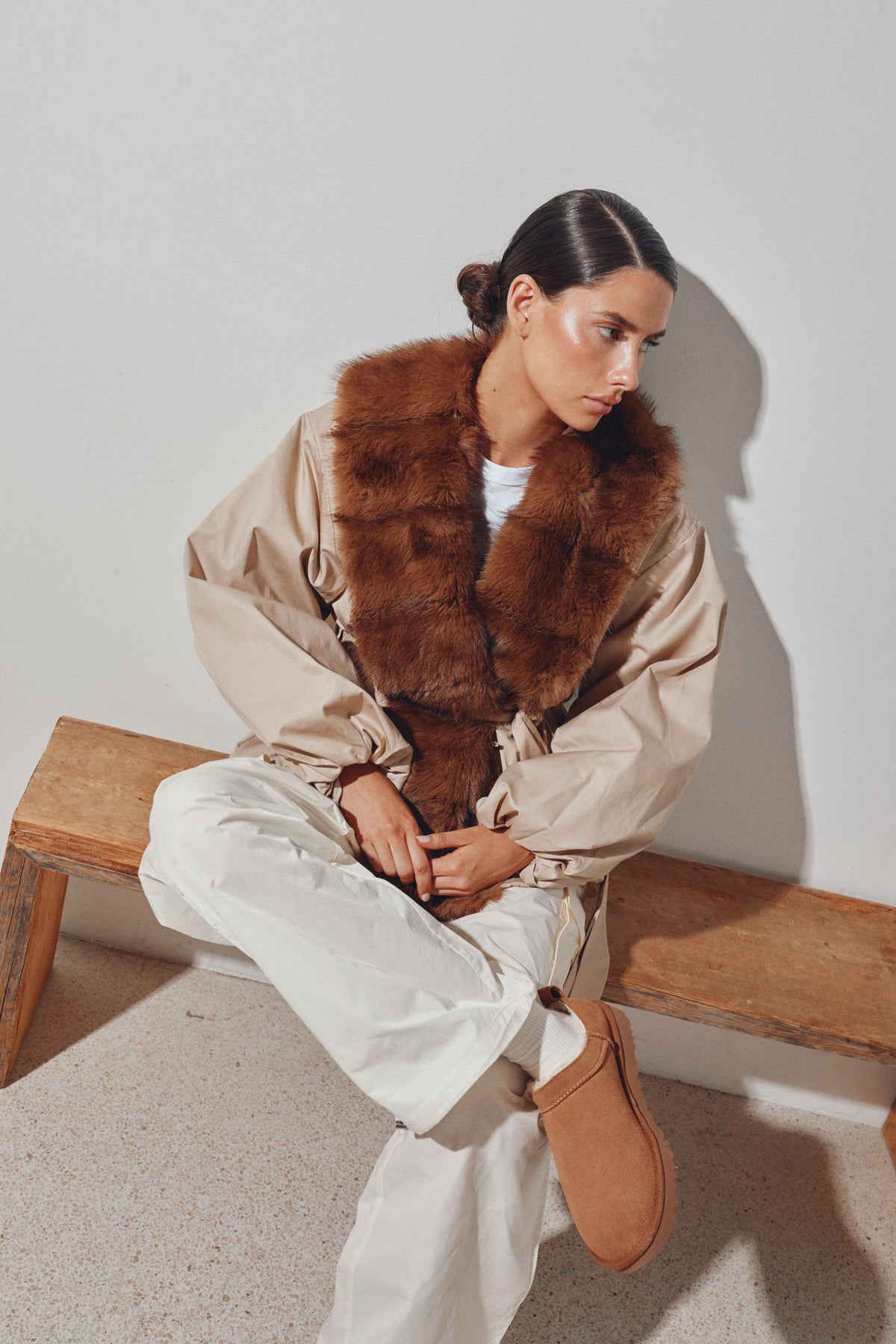 Faux Fur Collar Jacket - Cement