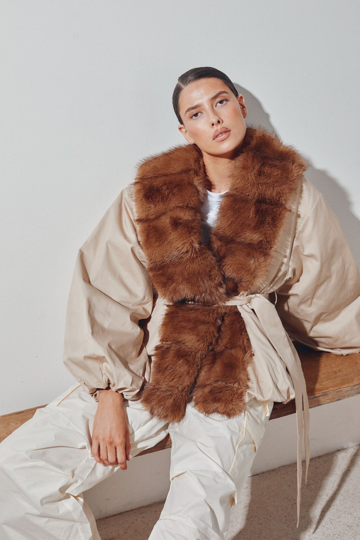 Faux Fur Collar Jacket - Cement