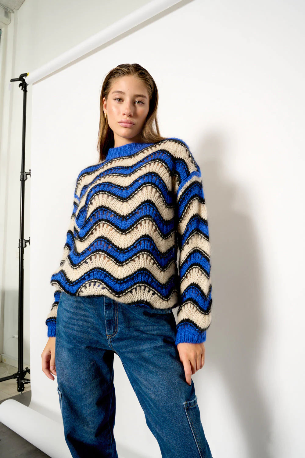 Panama Knit Sweater - Electric Blue/Sand/Black Mix