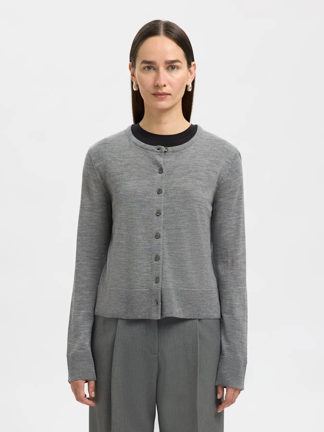 Thea LS Knit Merino Cardigan - Medium Grey Melange