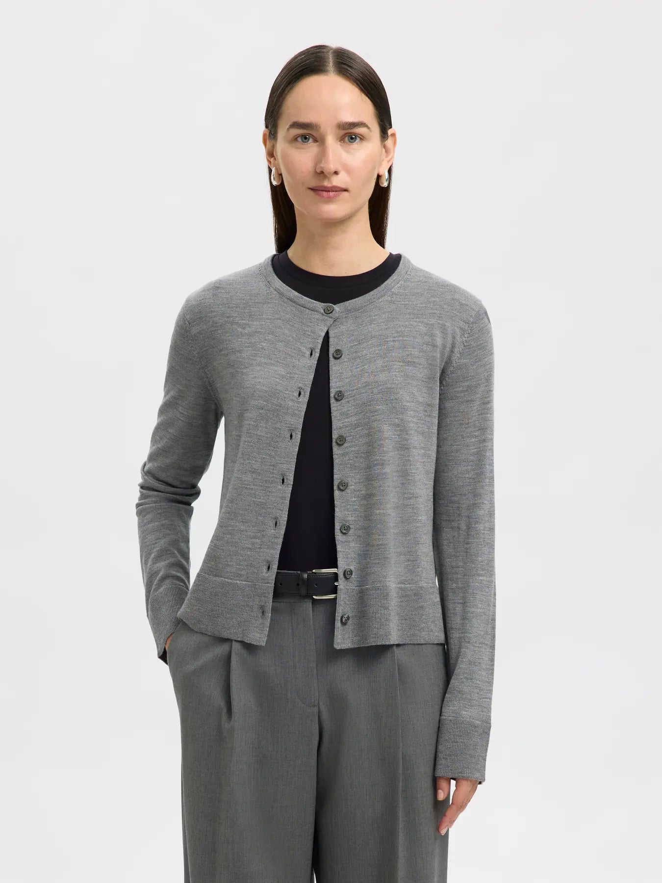 Thea LS Knit Merino Cardigan - Medium Grey Melange