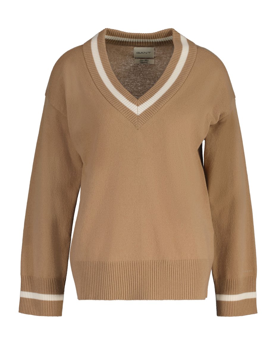 Superfine Lambswool Cont V-Neck - Caramel Beige
