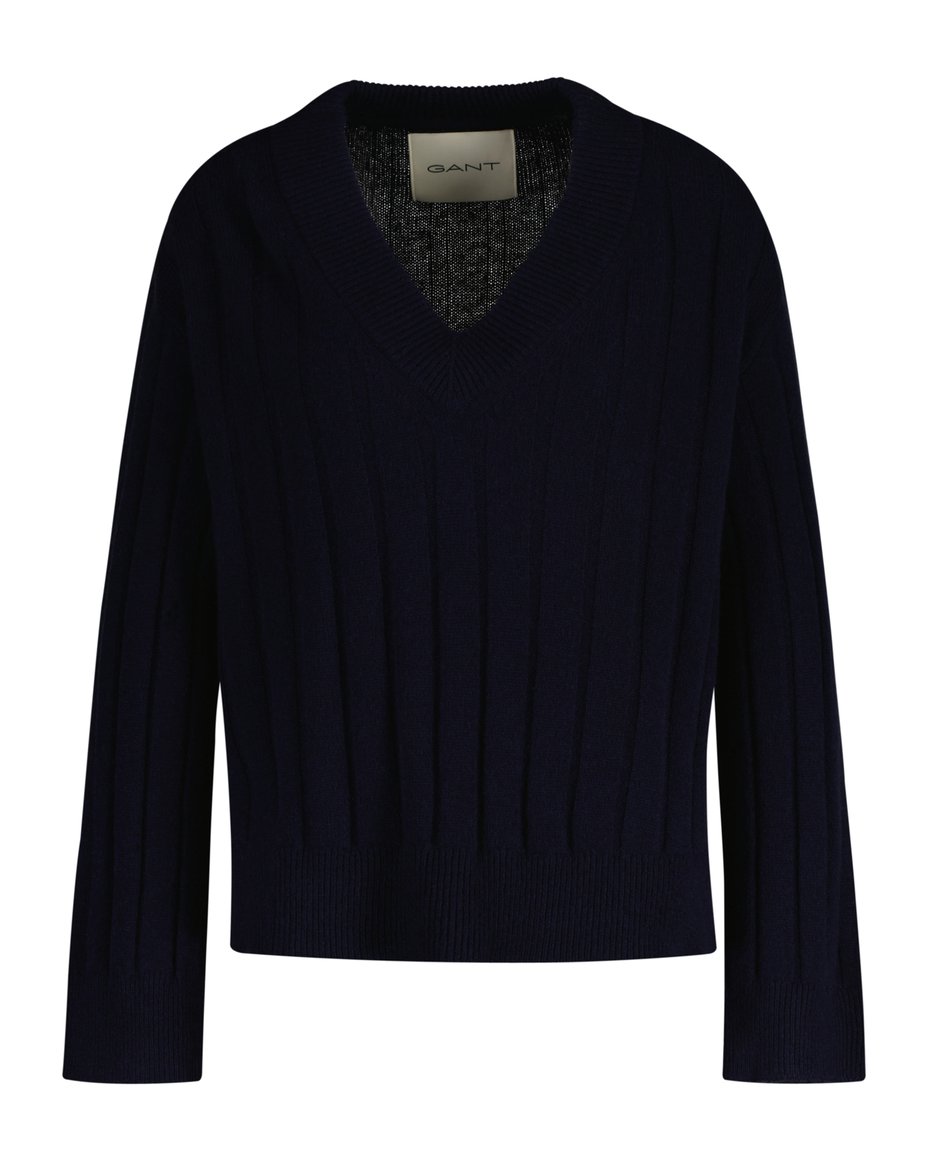 Wide Ribbed Wool V-Neck - Evening Blue