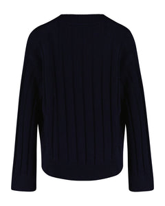 Wide Ribbed Wool V-Neck - Evening Blue
