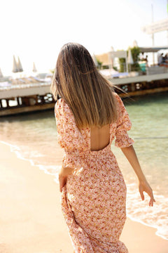Koko Dress Long Open Back Short Sleeves - Peach Flower