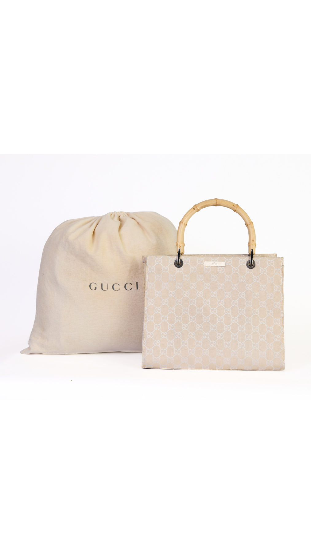 Gucci Monogram Bamboo Handle Tote Bag - Beige