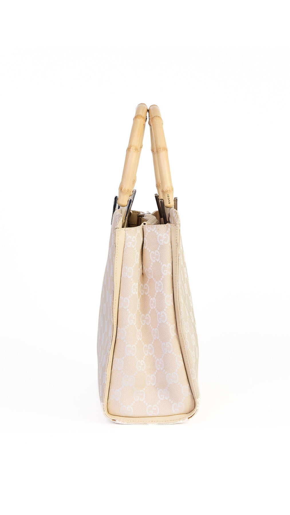 Gucci Monogram Bamboo Handle Tote Bag - Beige