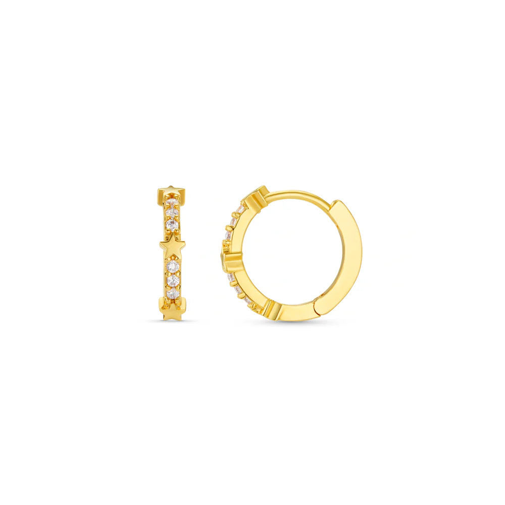 Fine Pave & Star Stationed Huggie Hoops - Pale Gold