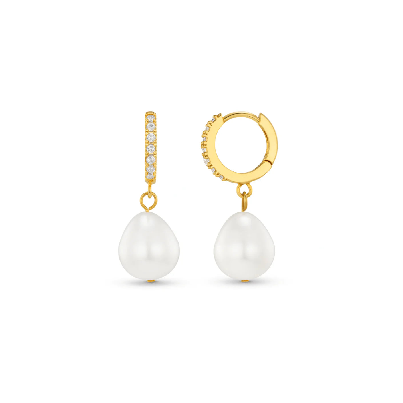 Pearl Drop Pave Hoop Earring - Pale Gold