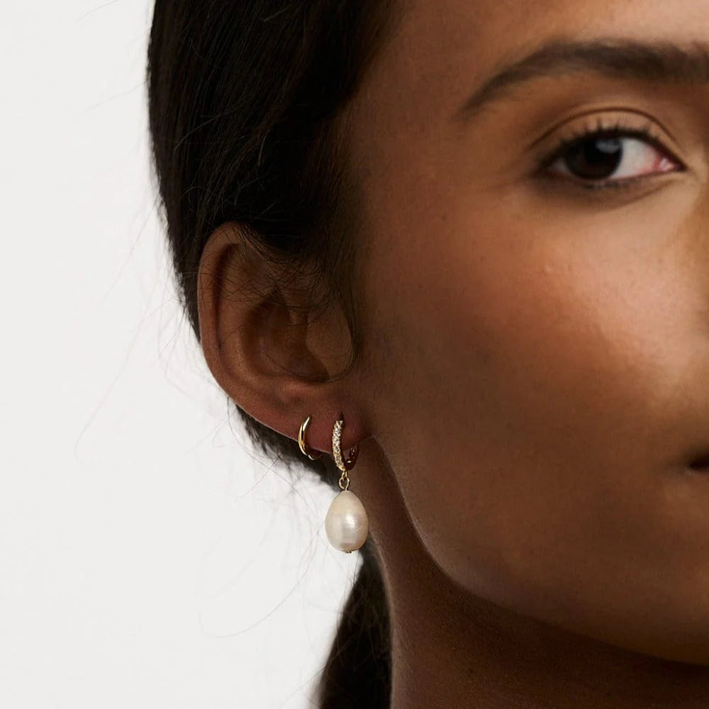 Pearl Drop Pave Hoop Earring - Pale Gold
