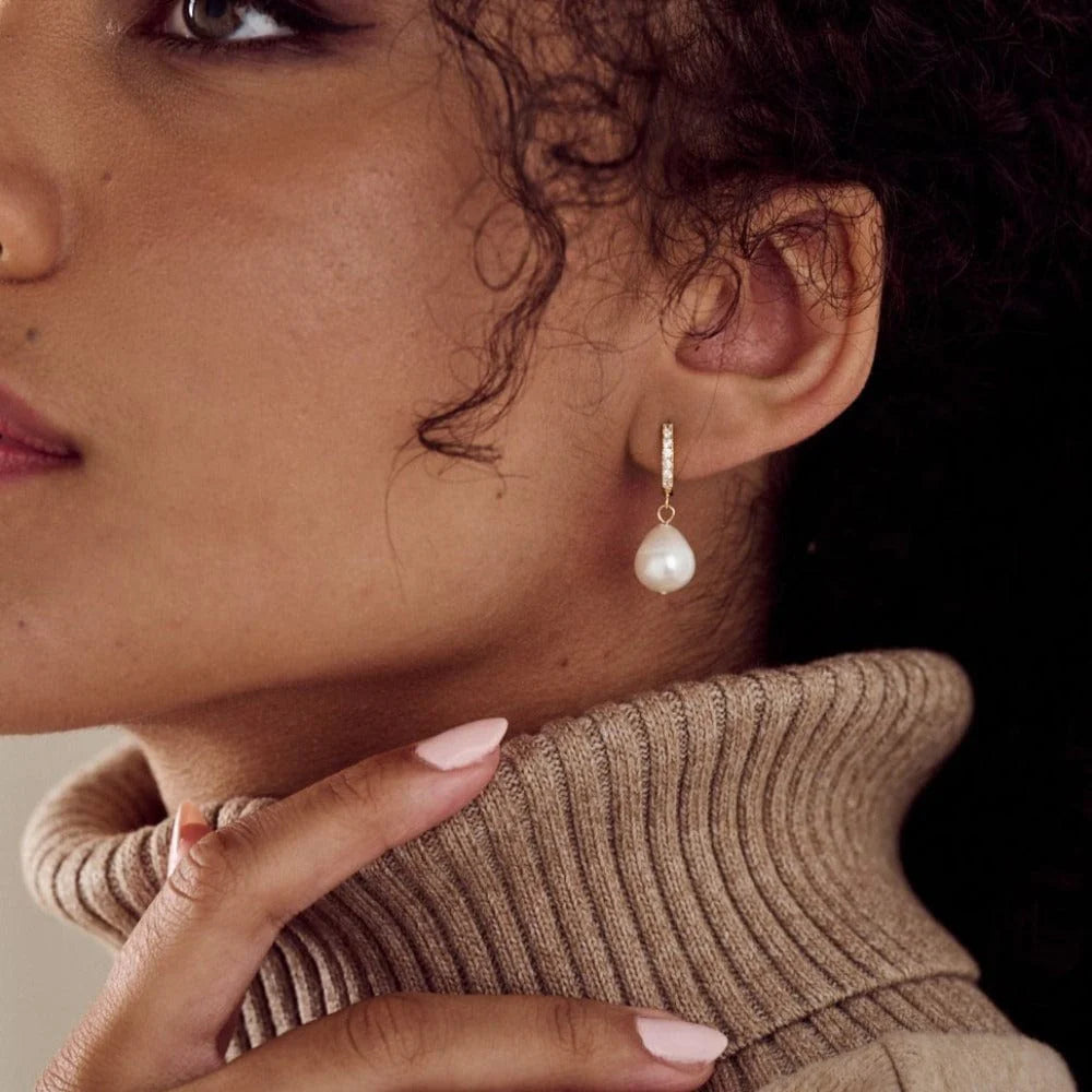 Pearl Drop Pave Hoop Earring - Pale Gold