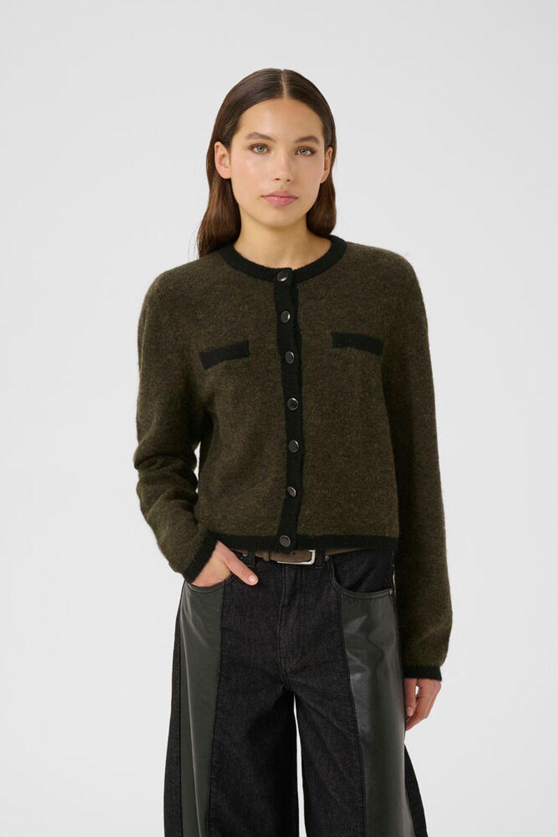 GZalpha Ls Contrast Cardigan - Olive Mélange/Black