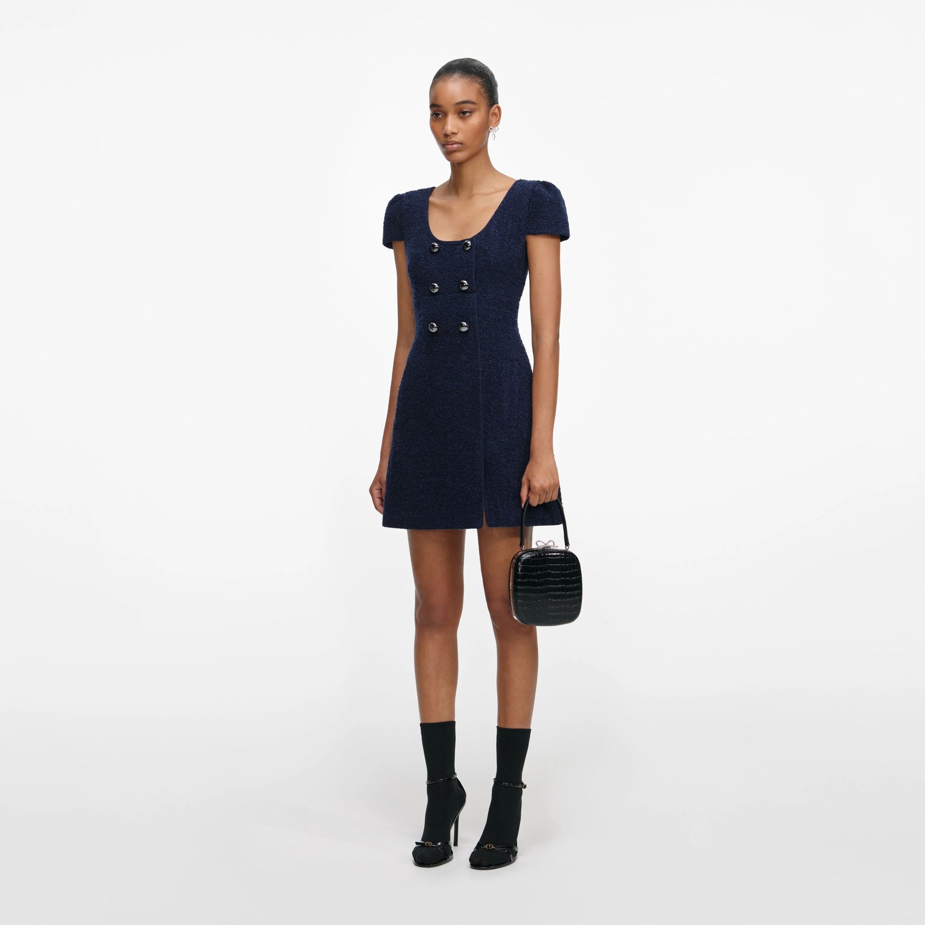 Textured Boucle Mini Dress - Marinblå