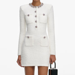 Crystal Trim Knit Mini Dress - Cream