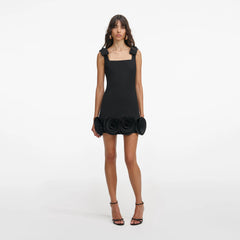 Crepe 3D Flower Mini Dress - Black