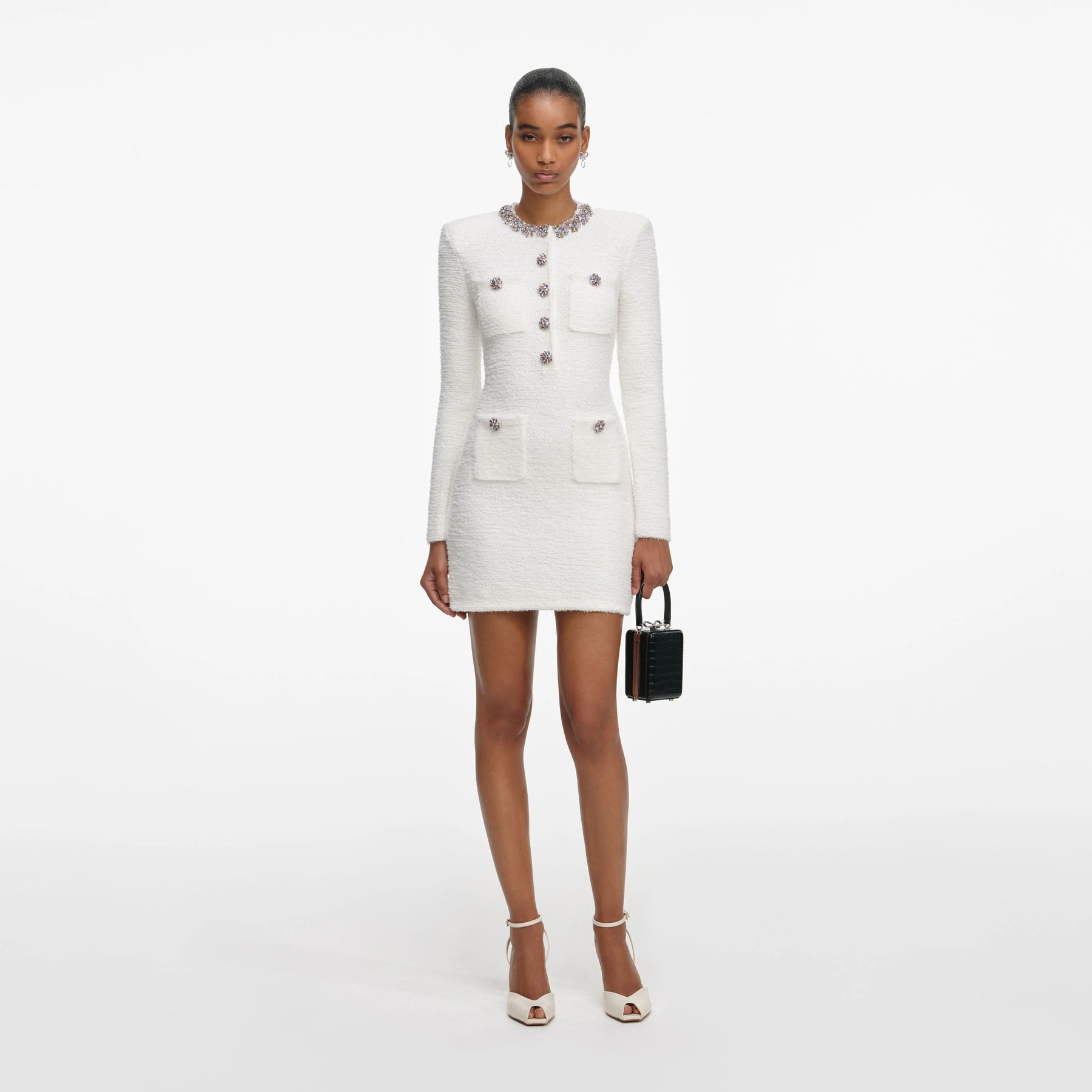 Crystal Trim Knit Mini Dress - Cream