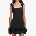 Crepe 3D Flower Mini Dress - Svart