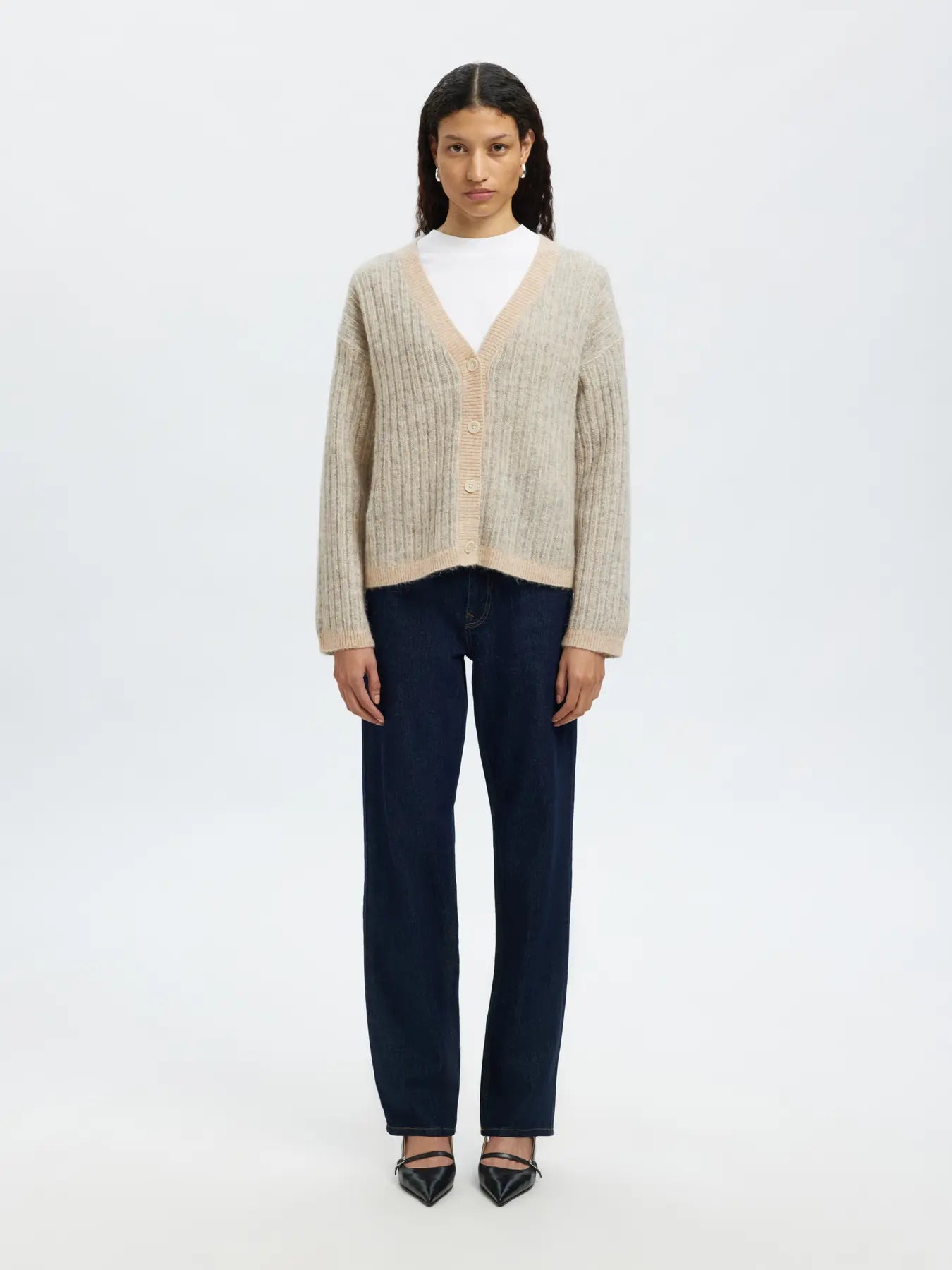 Alva Ls Knit Stripe V-Kofta - Birch Lgm + Birch