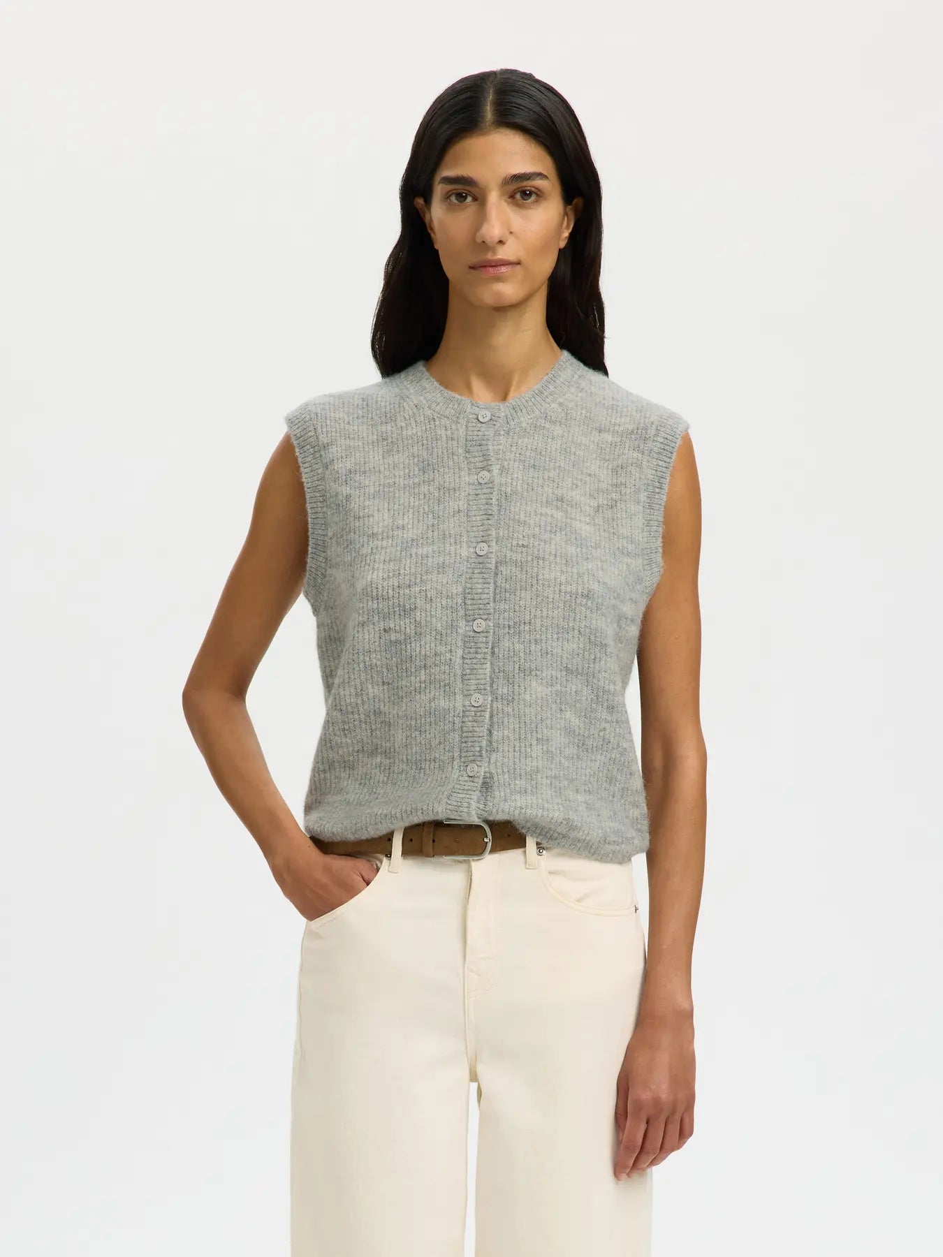 Lulu Sl Button O-Neck Vest - Ljusgråmelerad