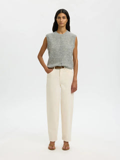 Lulu Sl Button O-Neck Vest - Light Grey Melange