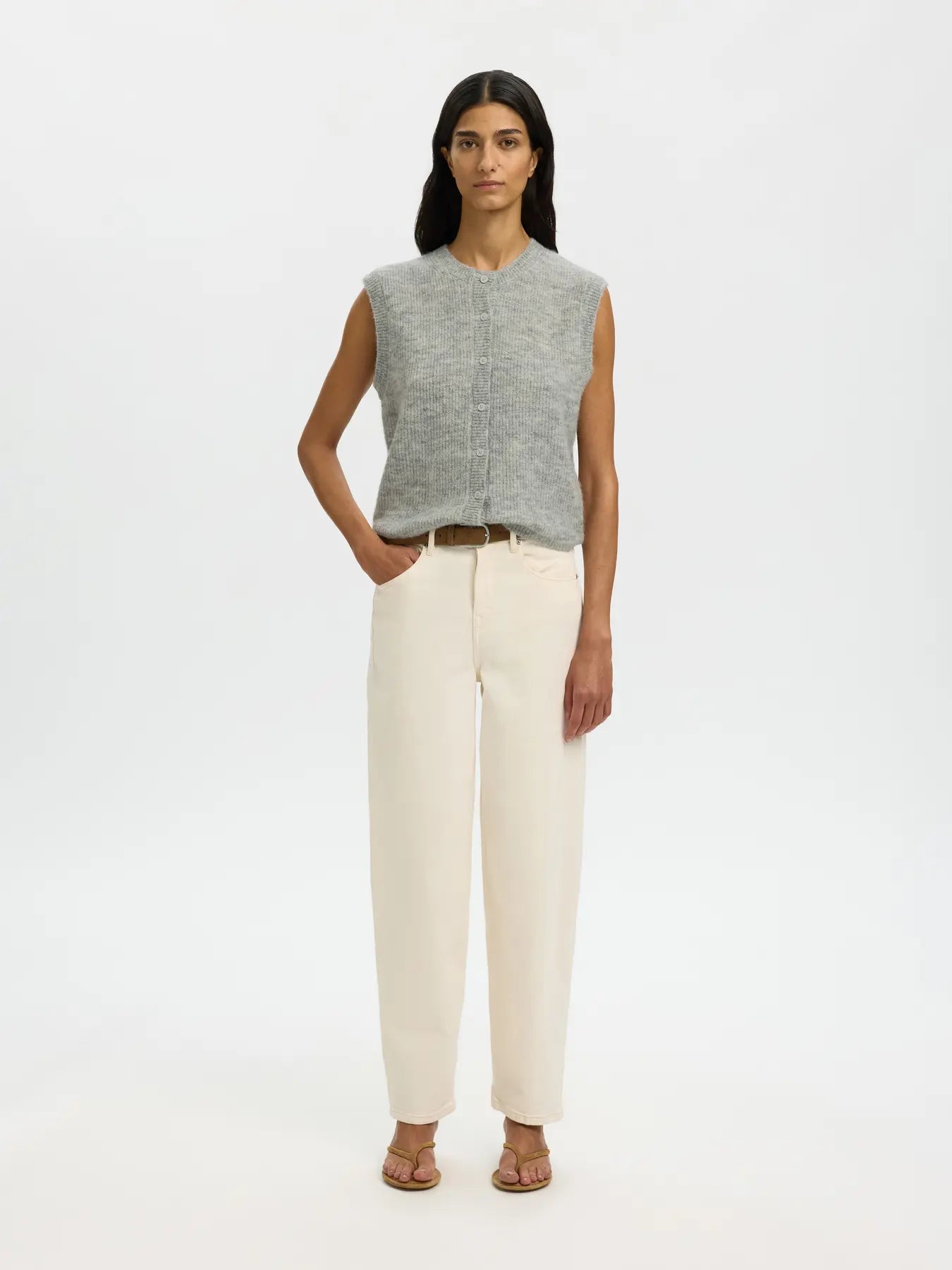 Lulu Sl Button O-Neck Vest - Ljusgråmelerad