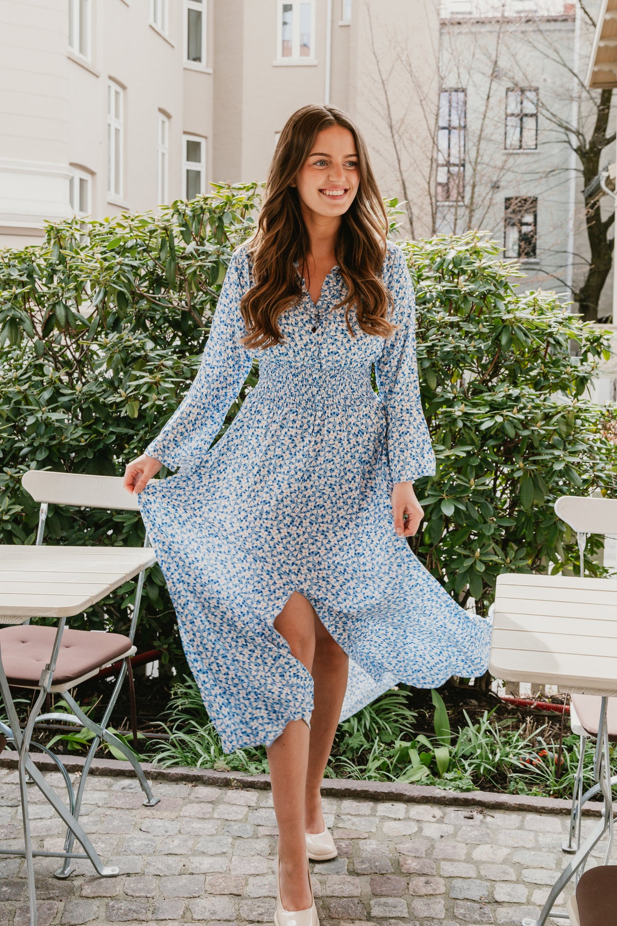 Sally Long Dress - Blue White Flower