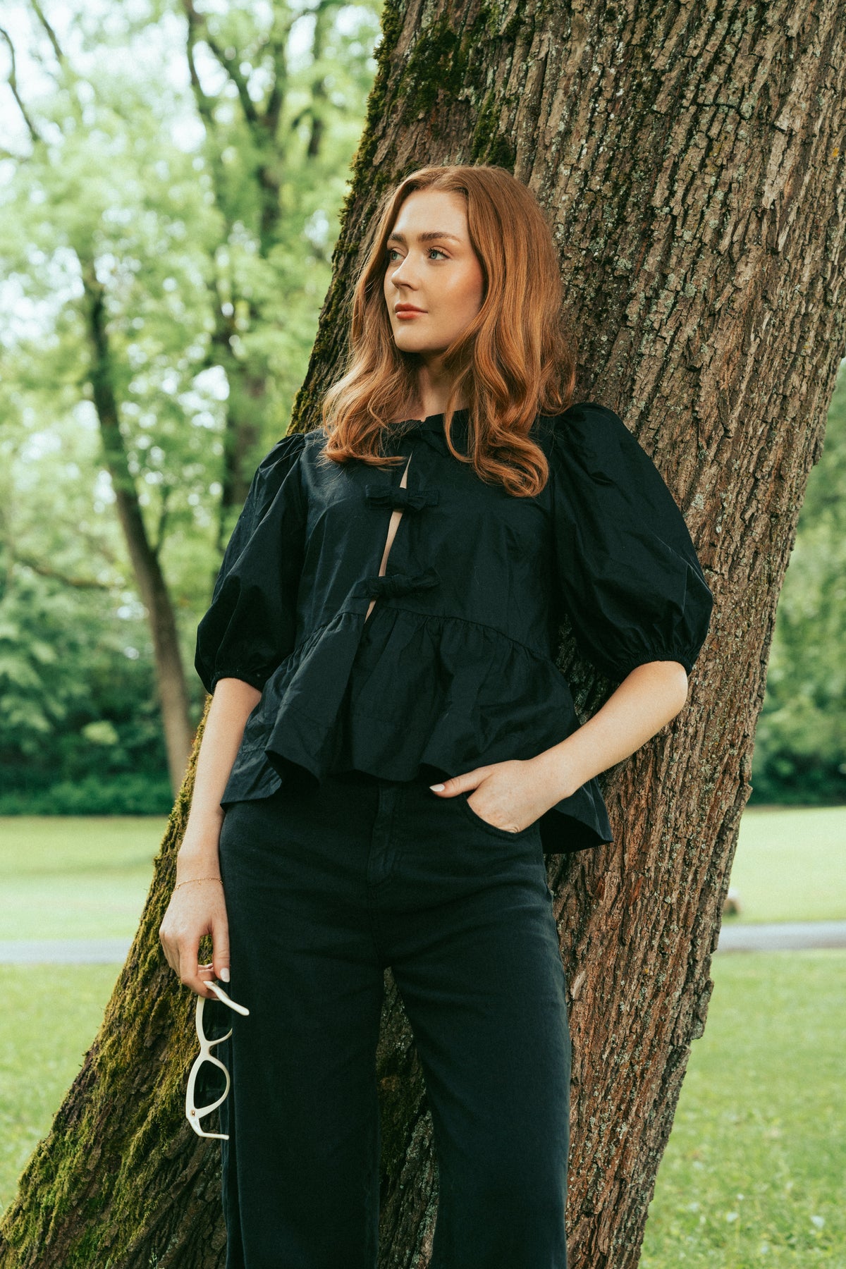 Cotton Poplin Peplum Blus - Svart