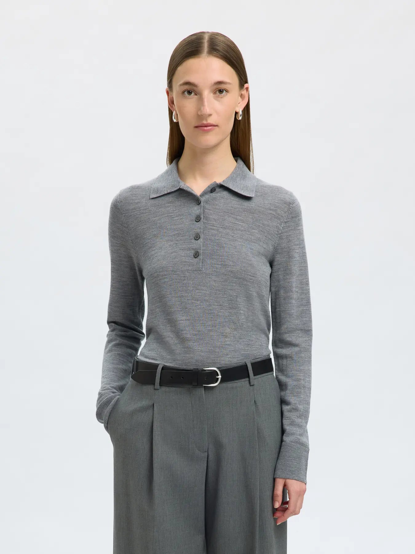 Thea Ls Knit Merino Collar Neck - Medium Grey Melange