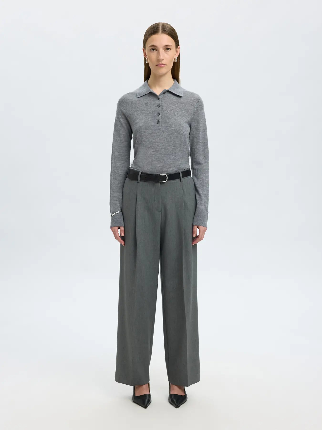 Thea Ls Knit Merino Collar Neck - Medium Grey Melange