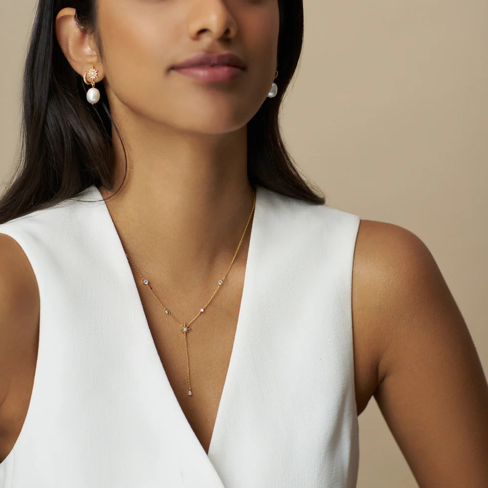 Crystal & Starburst Fine Lariat Necklace - Ljust guld