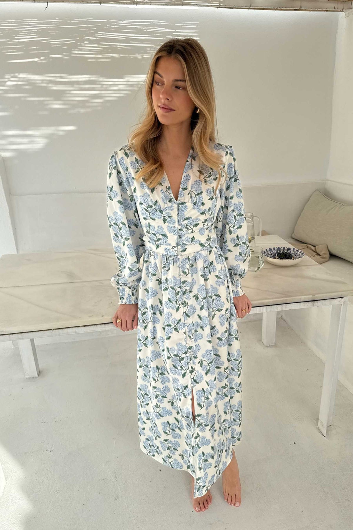 Adelic Long Dress - Blått hortensiaprint