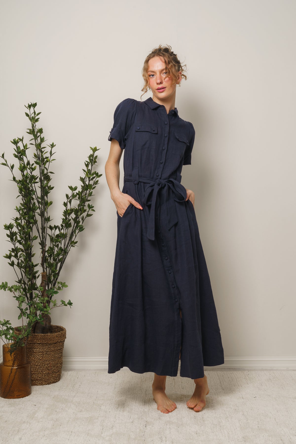 Stella Linen Dress - Navy