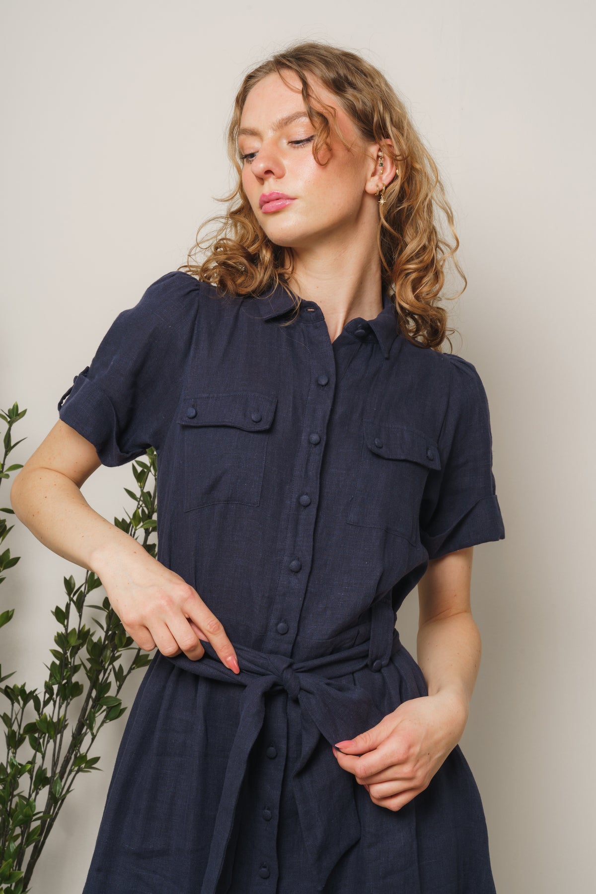 Stella Linen Dress - Navy