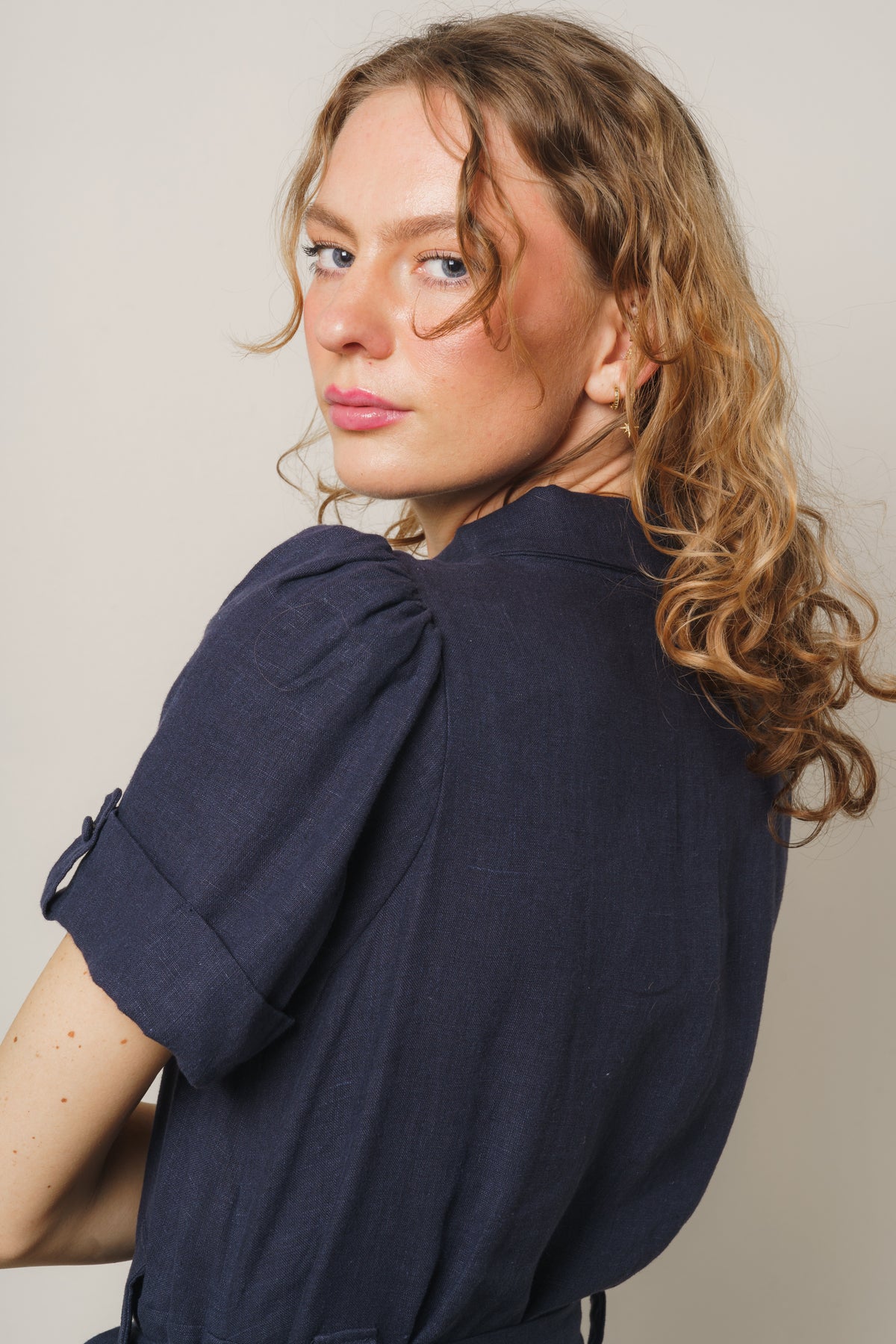 Stella Linen Dress - Navy