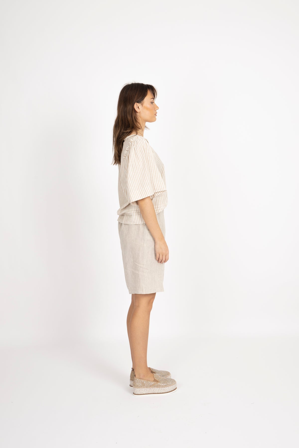 Hillie 2/4 Striped Linen Top B - Snow White Humus