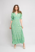 Koko Dress Long Open Back Short Sleeves - Emerald Green Summer Flower