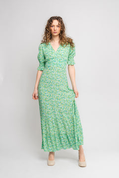 Koko Dress Long Open Back Short Sleeves - Emerald Green Summer Flower