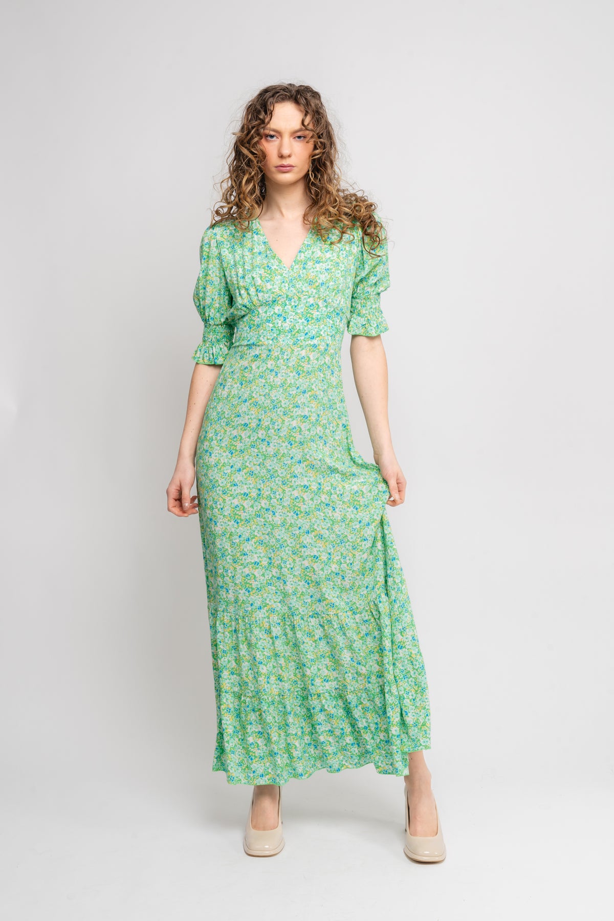 Koko Dress Long Open Back Short Sleeves - Emerald Green Summer Flower