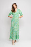 Koko Dress Long Open Back Short Sleeves - Emerald Green Summer Flower