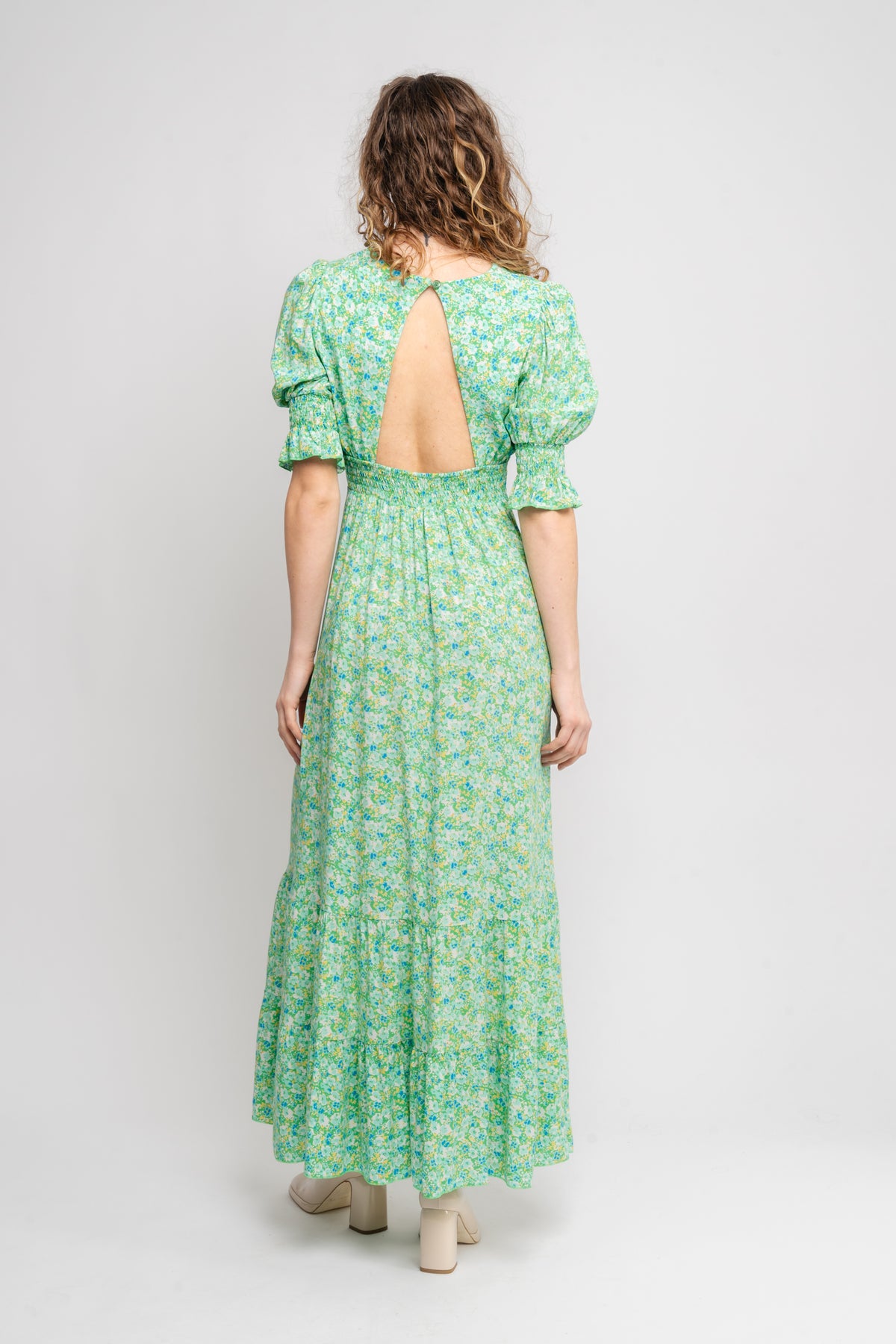 Koko Dress Long Open Back Short Sleeves - Emerald Green Summer Flower