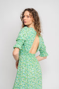 Koko Dress Long Open Back Short Sleeves - Emerald Green Summer Flower