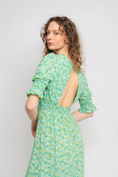 Koko Dress Long Open Back Short Sleeves - Emerald Green Summer Flower