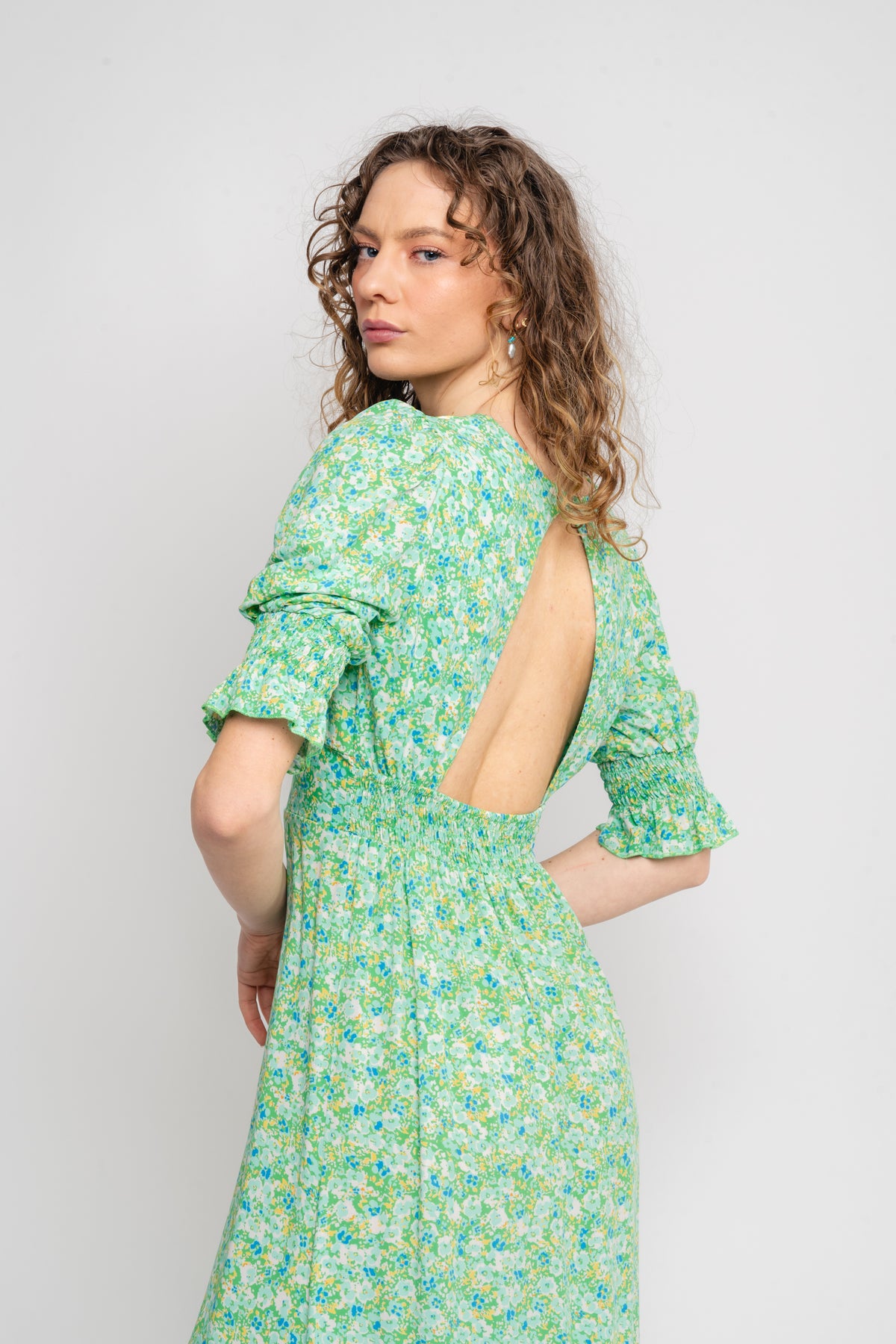Koko Dress Long Open Back Short Sleeves - Emerald Green Summer Flower