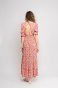 Koko Dress Long Open Back Short Sleeves - Red Flower