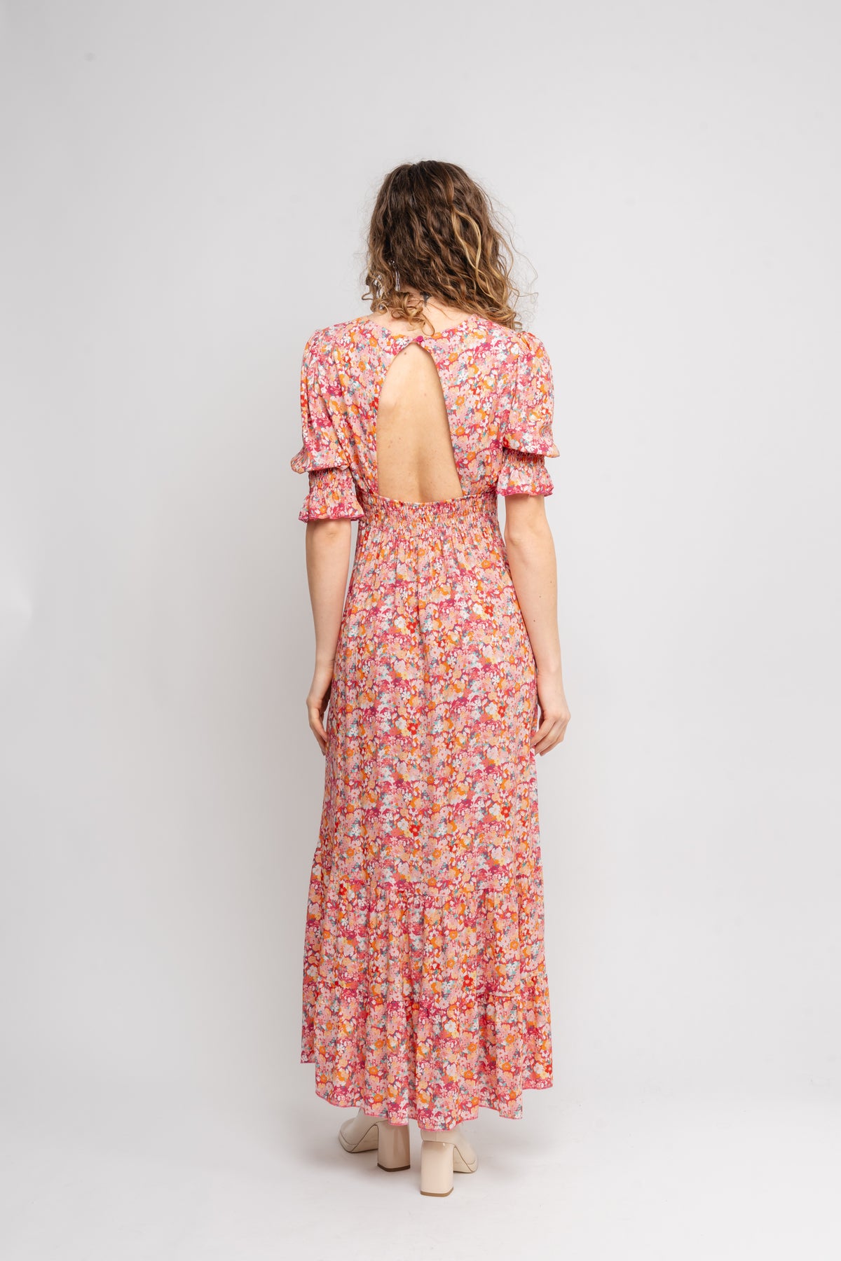 Koko Dress Long Open Back Short Sleeves - Red Flower