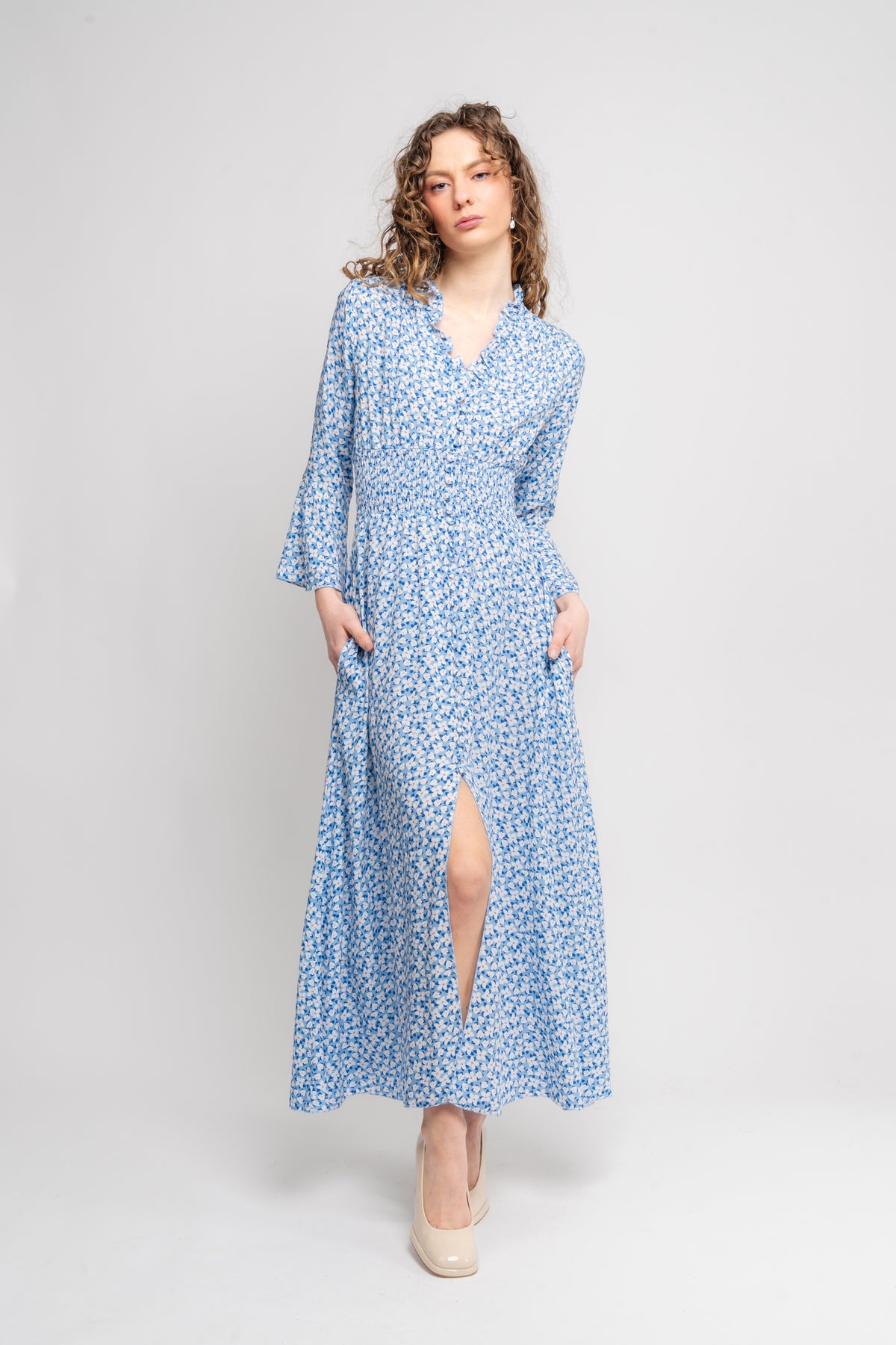Sally Long Dress - Blue White Flower